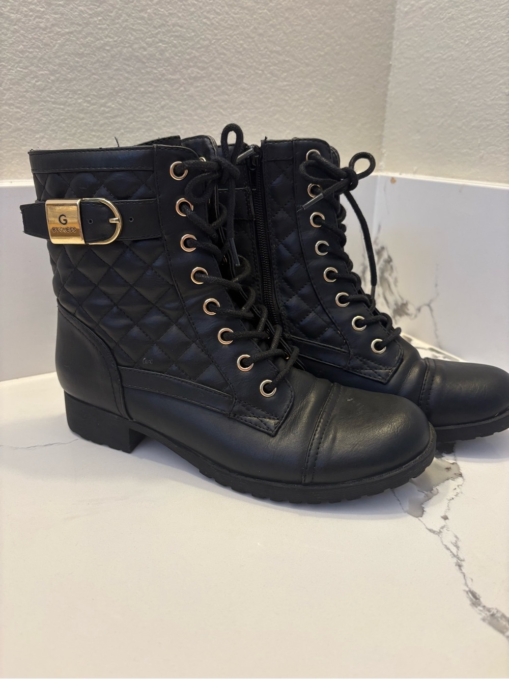 G by Guess Black Quilted Lace-Up Ankle Combat Boots with Gold Buckle Detail